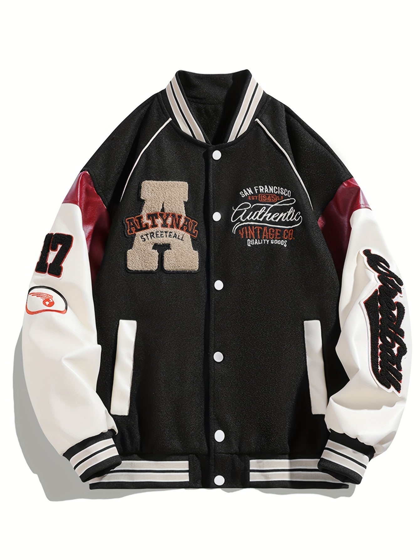 Men's Color Matching Letters Embroidery Striped Baseball Jacket With Pockets, Casual Baseball Collar Button Up Long Sleeve Varsity Jacket For Outdoor