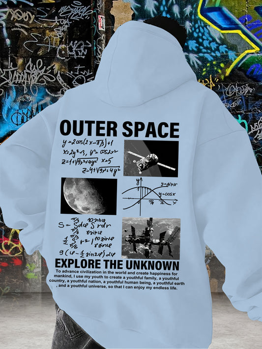 Men's Space-Themed Fun Print Hoodie - Cozy Polyester Long Sleeve Sweatshirt with Drawstring, Astronaut & Formula Design, Ideal for Fall/Winter Casual Wear, Space Elements, Warm