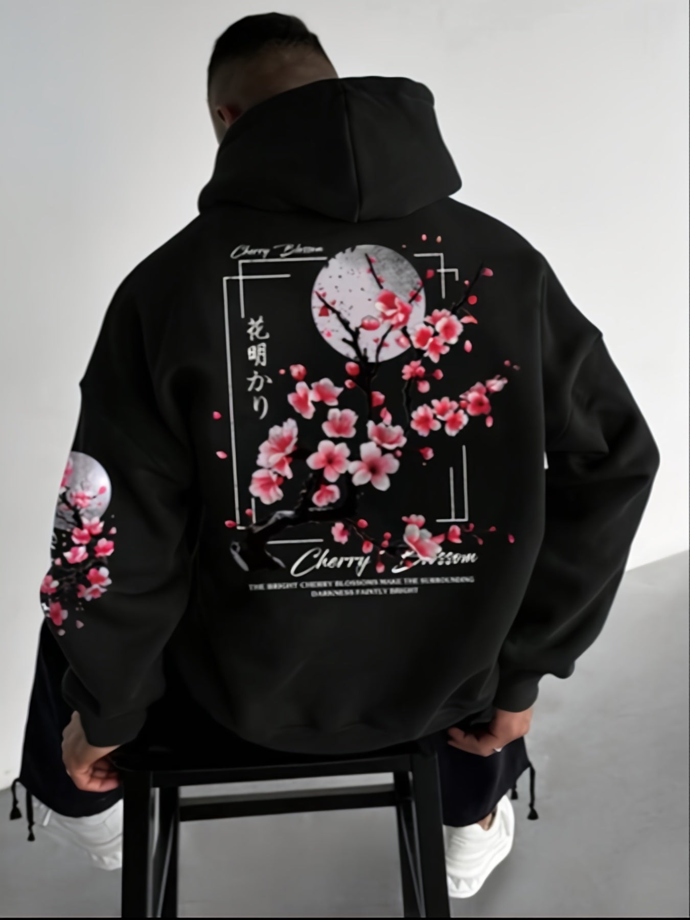 Men's Cherry Blossom Print Fleece-Lined Hoodie - Casual & Sporty Loose Fit Green Sweatshirt with Pockets, Polyester, Non-Stretch Fabric for Fall/Winter