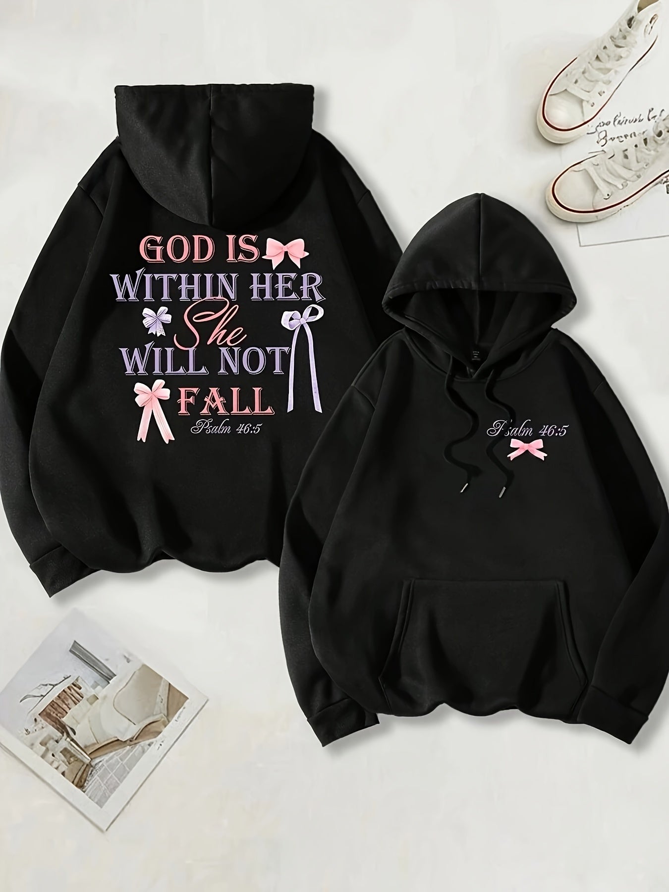 Women's Inspirational Quote Hoodie with Psalm 46:5 - Casual Style Polyester Knit Hooded Sweatshirt with Floral Design - All Season Comfort Pullover