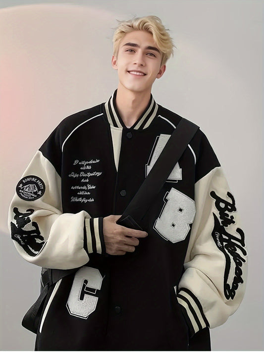 Men'S Embroidered Baseball Jacket, PU Sleeves, Casual Stand Collar, Polyester, Letter Pattern, Long Sleeve, Loose Fit, Towel Embroidery, Button Closure, for Couples, Christmas & New Year Gifts