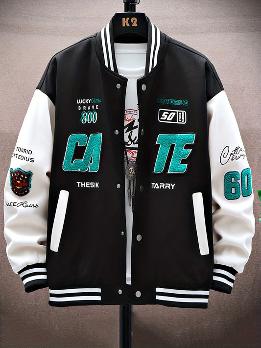 Letters Print Preppy Varsity Jacket, Men's Casual Long Sleeve Striped Button Down Baseball Jacket With Pockets For Winter Fall