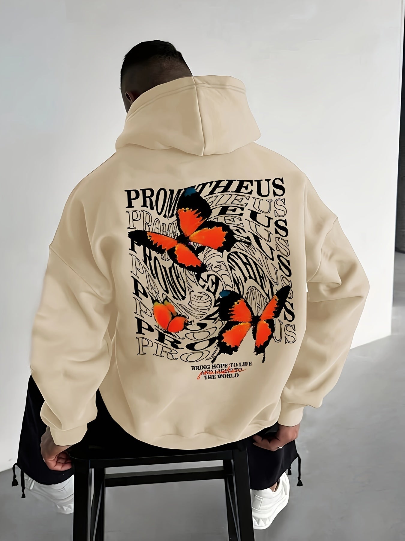 Men'S Beige French Terry Hoodie with Butterfly Print, Casual Pullover Sweatshirt with Pockets, Unstretched Knit Fabric, Loose Fit, for Sports & Leisure