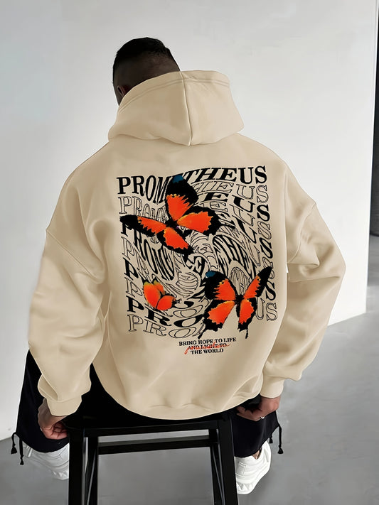 Men'S Beige French Terry Hoodie with Butterfly Print, Casual Pullover Sweatshirt with Pockets, Unstretched Knit Fabric, Loose Fit, for Sports & Leisure