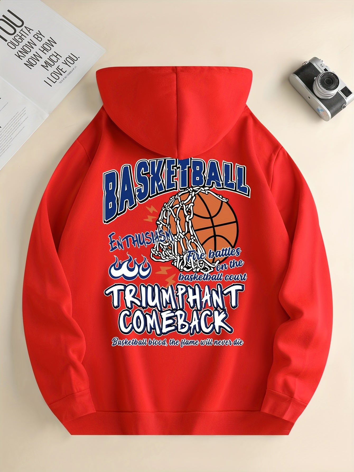 Basketball Print Kangaroo Pocket Hoodie, Casual Long Sleeve Hoodies Sweatshirt, Men's Clothing, For Fall Winter