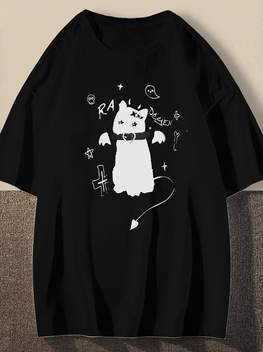 Men's Vintage-Inspired Cotton T-Shirt with Unique Print - Loose Fit, Drop Shoulder Design, Round Neck, Non-Transparent - Perfect for Summer