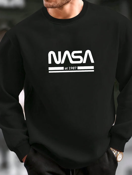Thin European and American Men's Casual Sports Style Round Neck Geometric Letters NASA1987 Pattern Print Hoodie