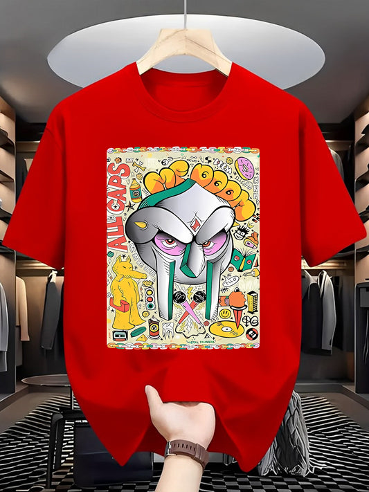 MF Music Doom Inspired Men's T-Shirt - Vibrant Cartoon Graphic Print, Casual & Comfortable Polyester, Machine Washable, Summer Wear with Round Neck - Red