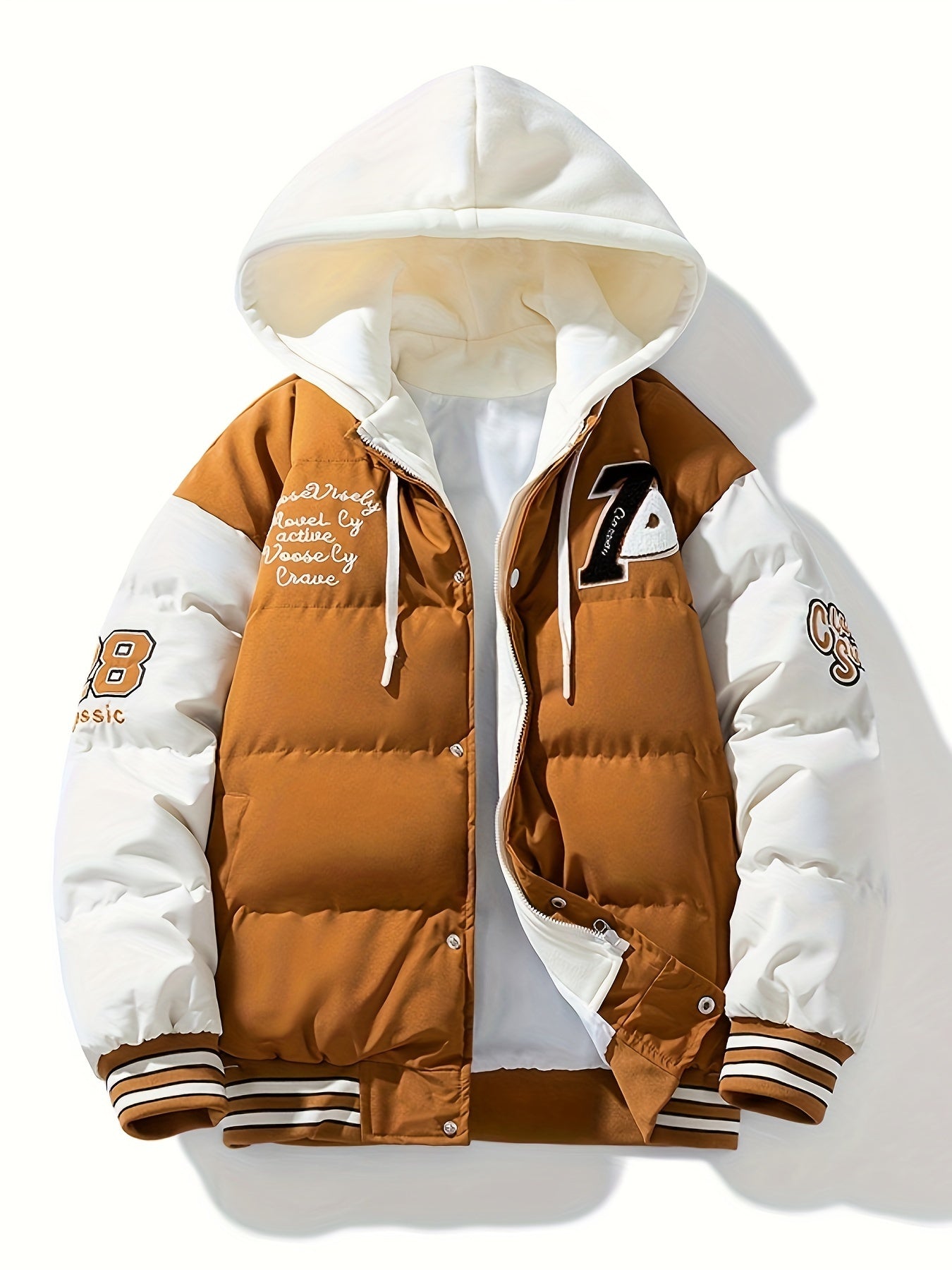 Men's Preppy Style Hooded Varsity Jacket - Casual Color Block Puffer with Embroidered Patches, Zip-Up, Long Sleeves, Polyester - Perfect for Baseball & Casual Attire, Everyday Jacket|Color Block Design|Ribbed Cuffs