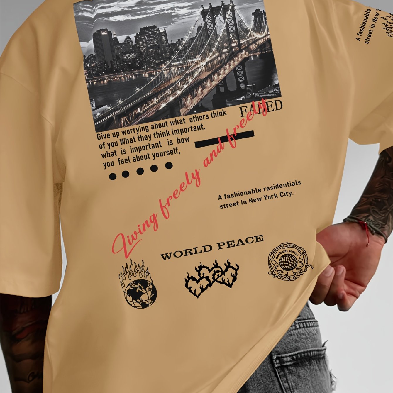 Men'S Fashion Graphic Print T-Shirt, Casual Loose Fit, Polyester Crew Neck Tee with Slight Stretch, with Inspirational Quotes and Peace Symbol, for Summer Knit Fabric Top