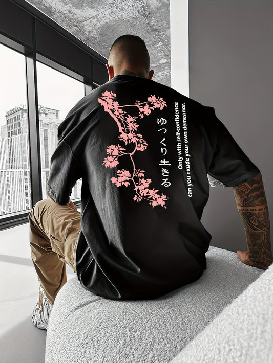 Fashionable Cherry Blossom Graphic Print, Men's Summer Outdoor Loose Fit T-shirt, Trendy Versatile Short Sleeved Tee For Daily Wear