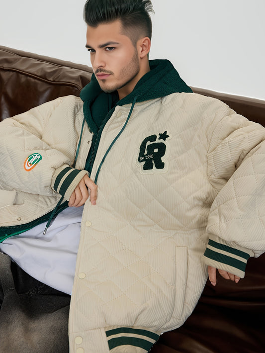 1pc Men'S Preppy Style Jacket with Embroidered Alphabet - Polyester Baseball Collar Hoodie, Woven Short Length Outerwear with Long Sleeves, Non-Stretch Fabric, Loose Fit with Fake Buttons