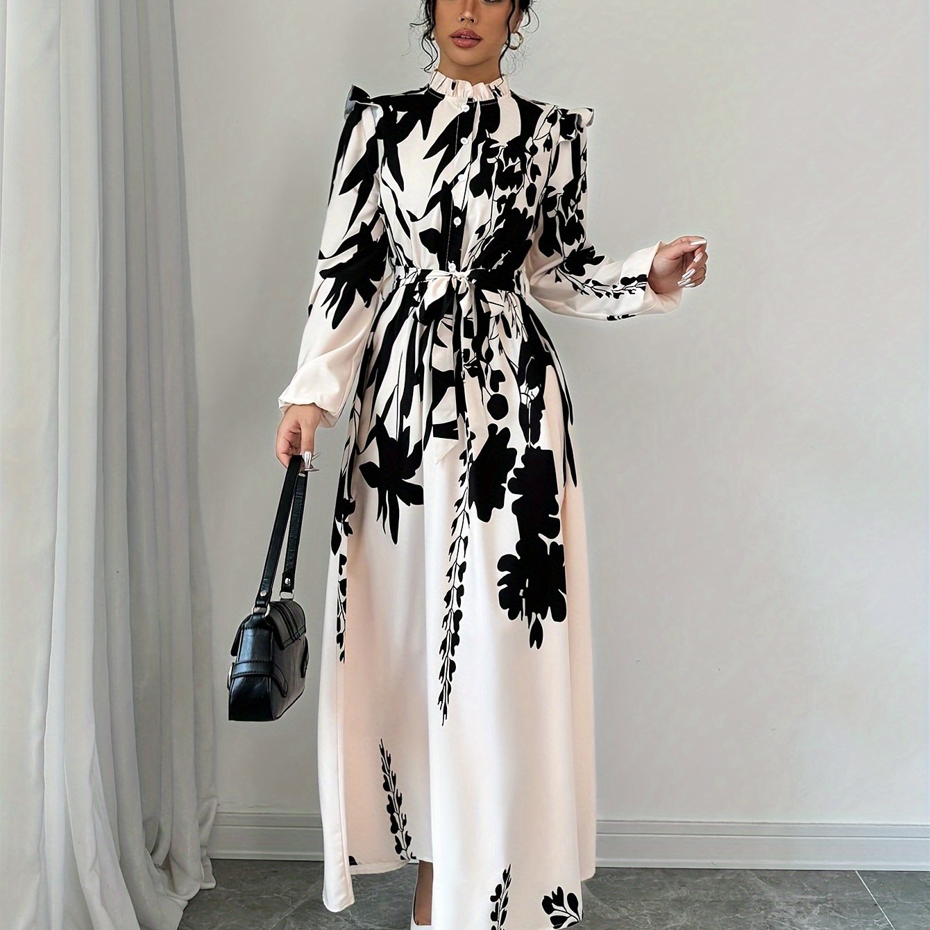 [1pc Floral Print A-Line Dress] 1pc Women'S Floral Print A-Line Dress with Waist Cinching, Polyester Fiber, Classic Collar, Autumn/Winter Season, 120g/m² Fabric Weight, 50g/m² Lining