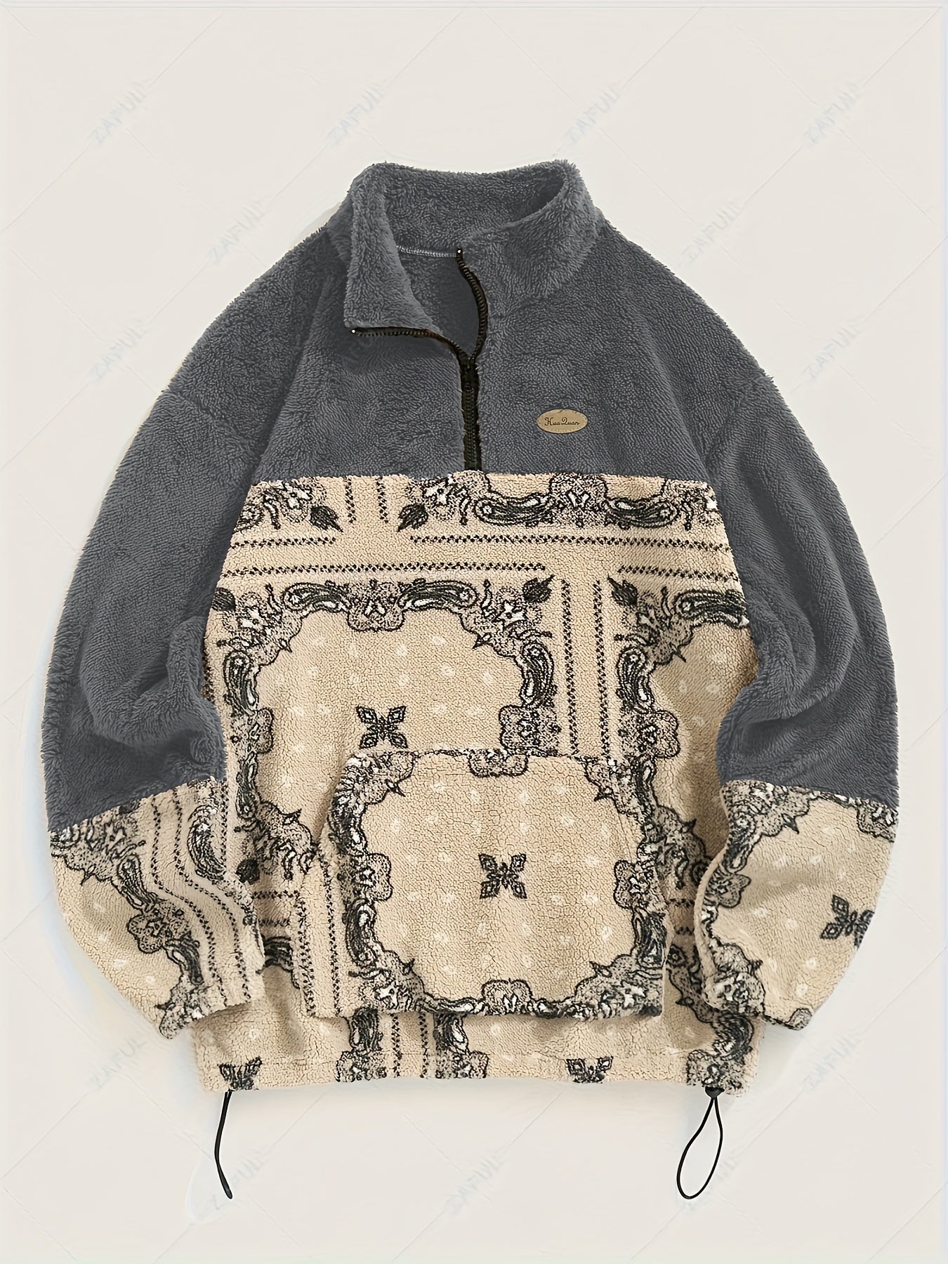 Men's Casual Paisley Pattern Stand Collar Jacket, 100% Polyester Knit Fabric with Medium Stretch, Loose Fit Zip-Up with Drawstring Hem, Long Sleeve Streetwear for Daily Commute and Winter Outings, Casual Winter Jacket|Trendy