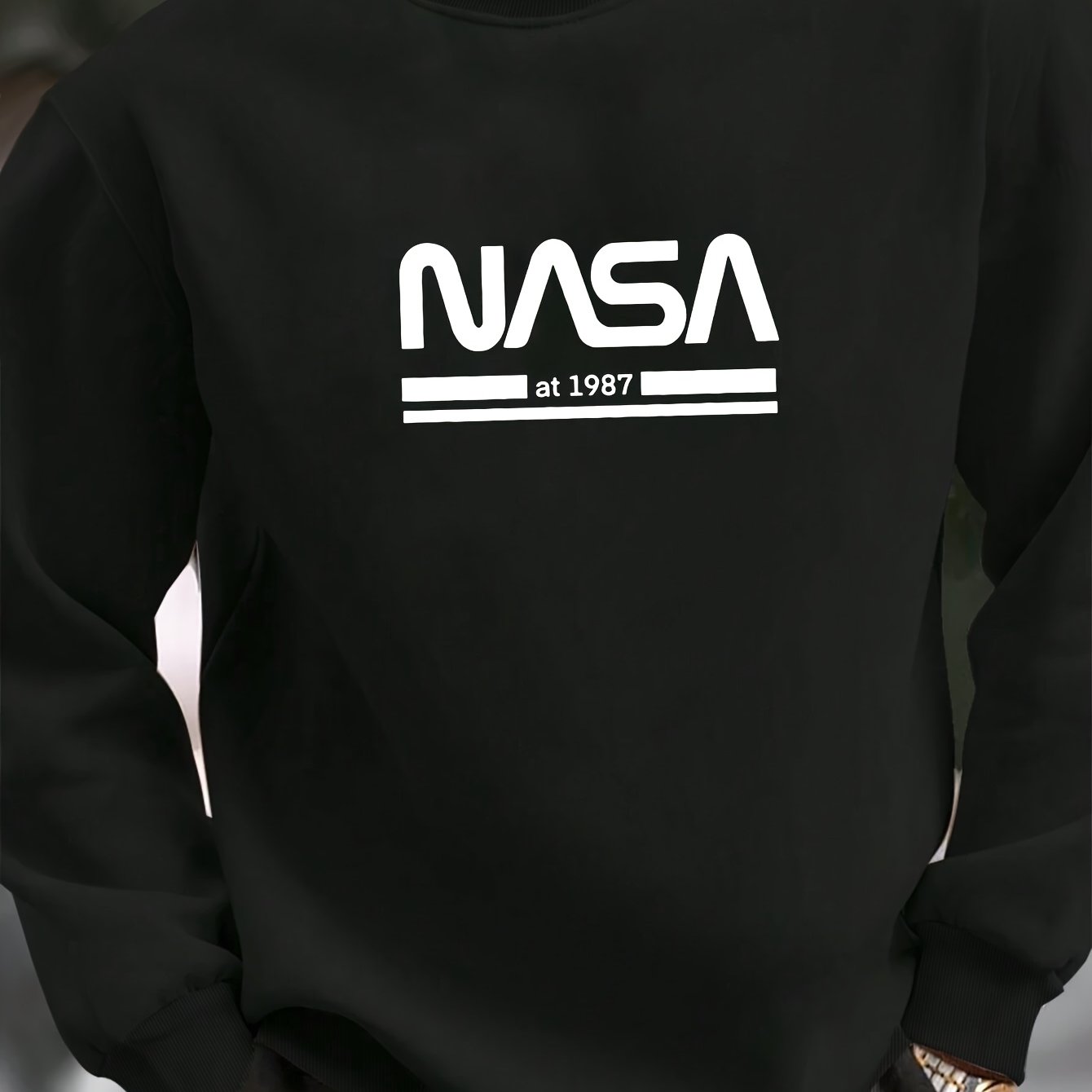 Thin European and American Men's Casual Sports Style Round Neck Geometric Letters NASA1987 Pattern Print Hoodie