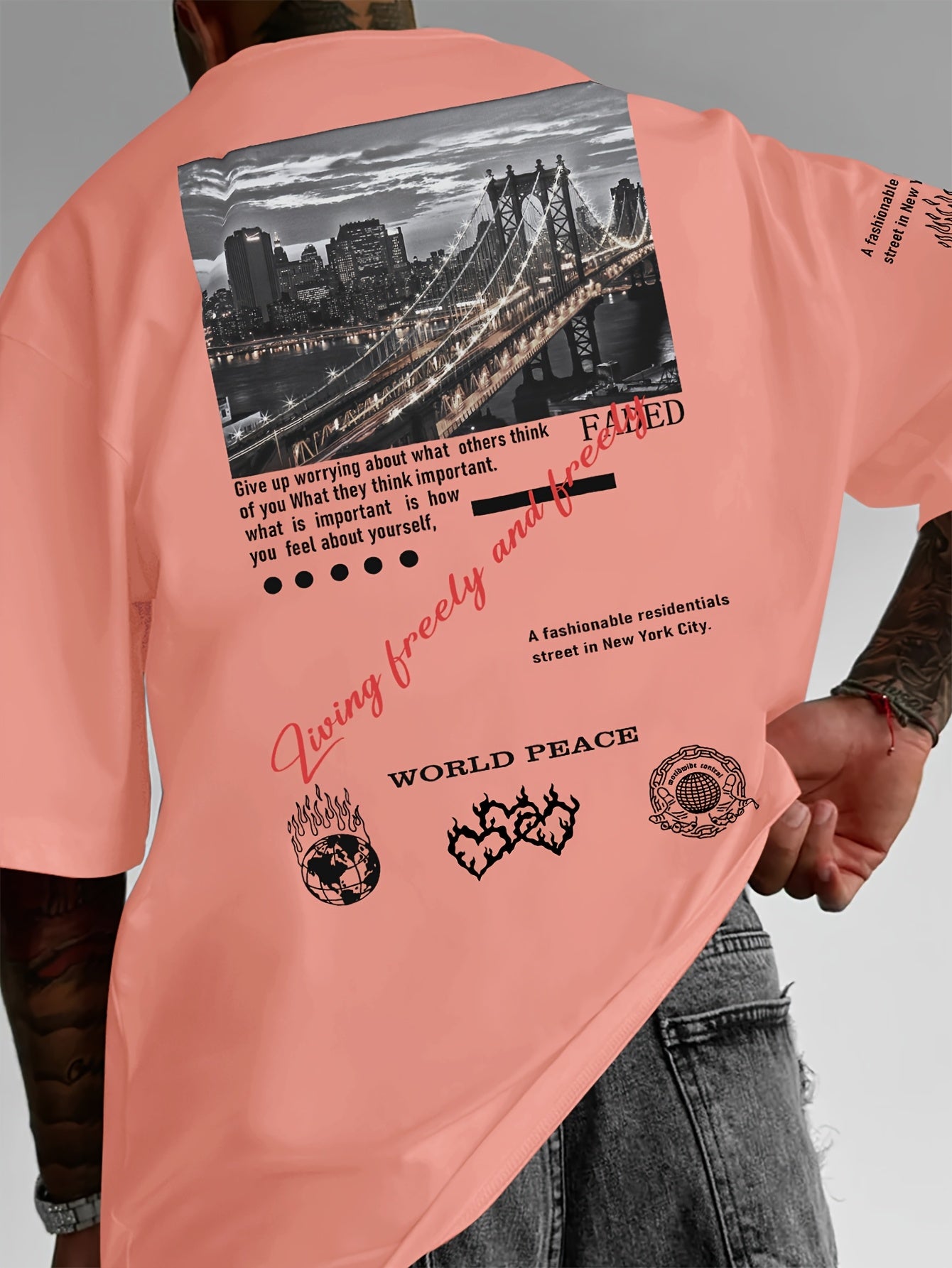 Men'S Fashion Graphic Print T-Shirt, Casual Loose Fit, Polyester Crew Neck Tee with Slight Stretch, with Inspirational Quotes and Peace Symbol, for Summer Knit Fabric Top