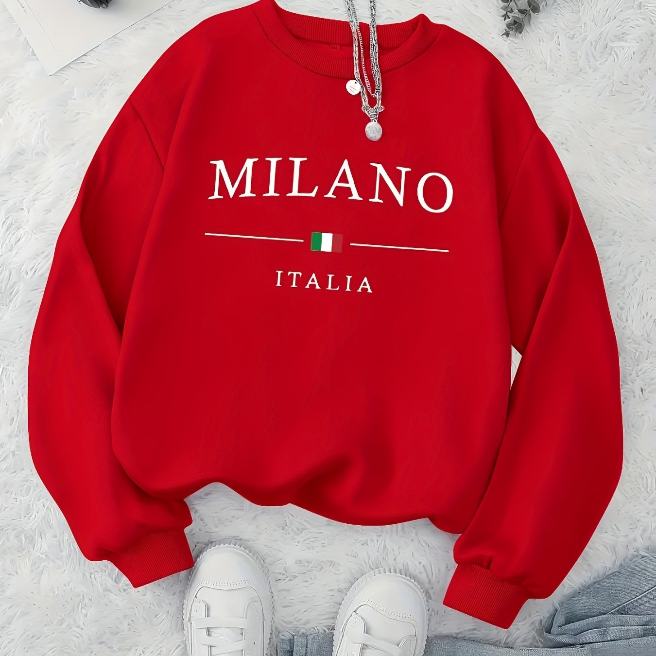 MILANO Print Pullover Sweatshirt, Casual Long Sleeve Crew Neck Sweatshirt For Fall & Winter, Women's Clothing