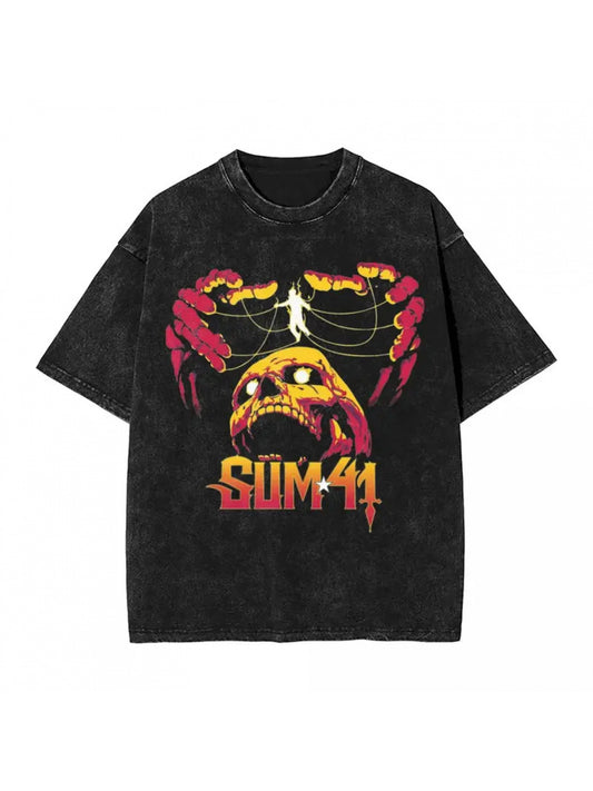 Skull Sum 41 Band Washed T Shirt Male SUM41 Punk Awesome Cotton T-Shirts Summer Crewneck Hippie Tee Shirt Oversized Clothing