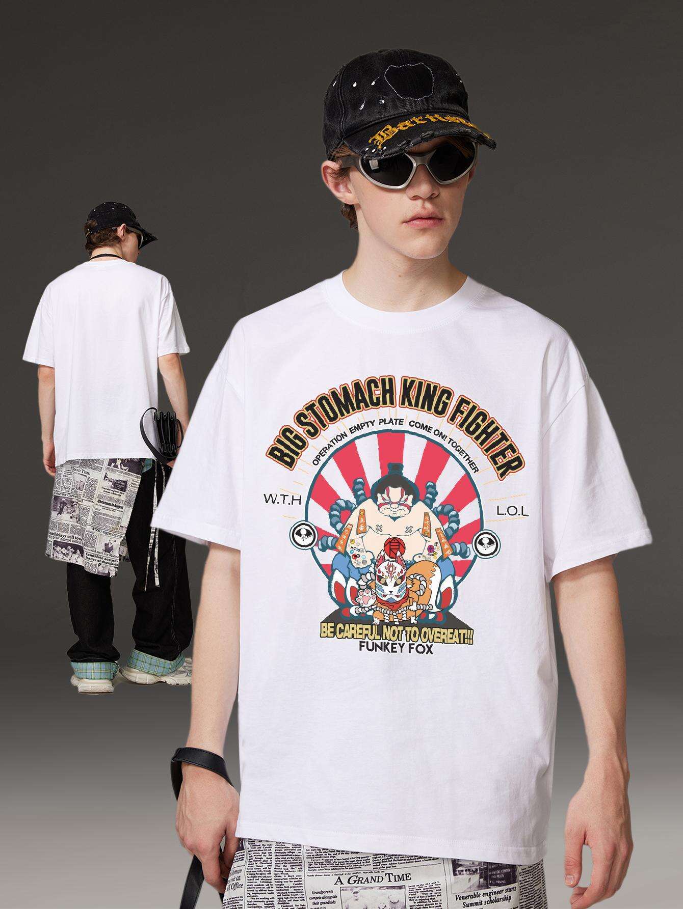 PRIVATHINKER Men's "Big Shomach King Fighter" Graphic Tee - 100% Cotton, Oversized Harajuku Y2K Style, Casual Crew Neck Short Sleeve T-Shirt with Vibrant Cartoon Print, Perfect for Summer Wear