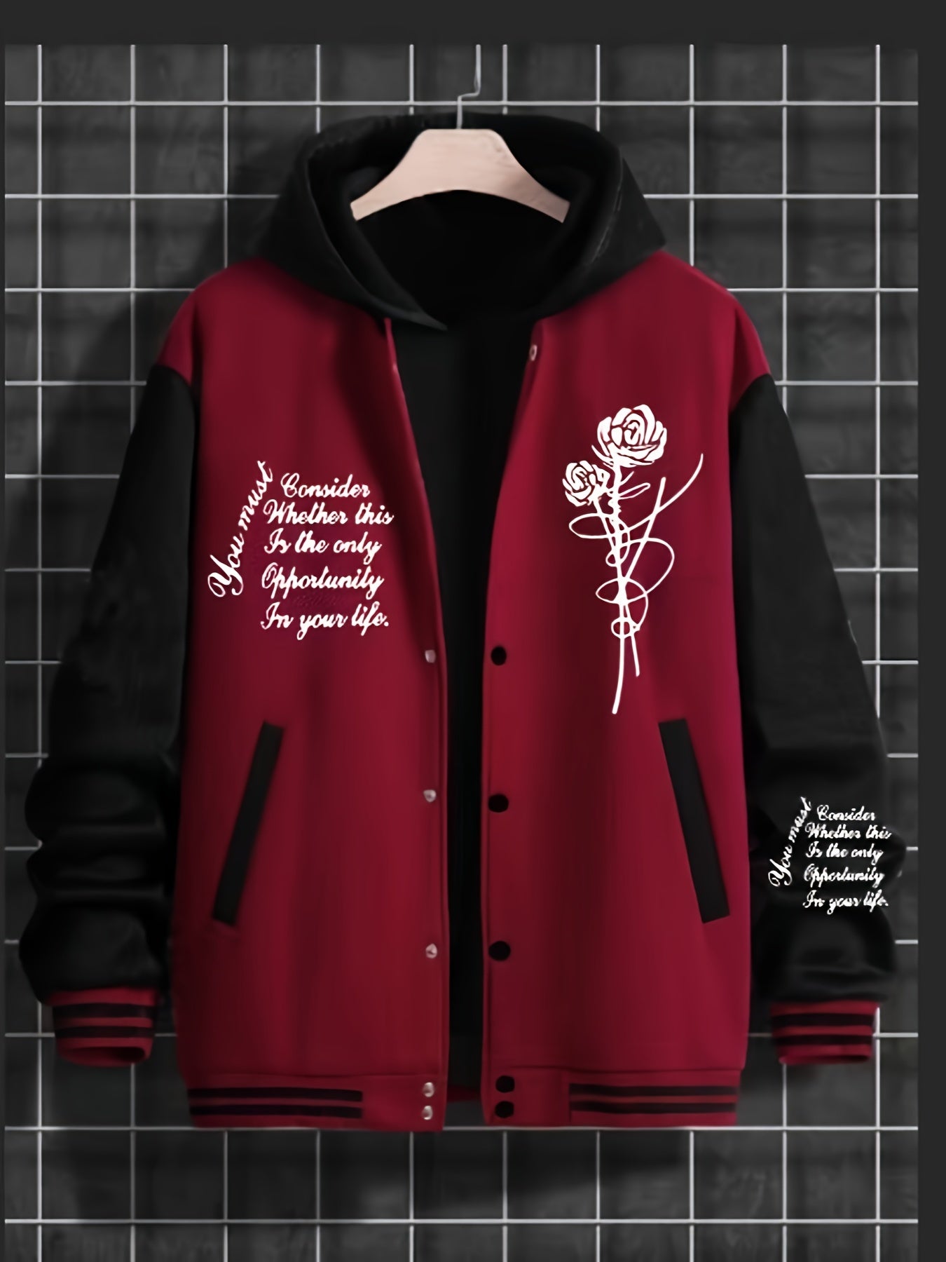 1pc Men'S Fashion Casual Sports Jacket with Rose Print - Polyester Knit Fabric, Baseball Collar, Double Breasted Closure, Regular Fit, Slight Stretch, Animal Pattern, Pocket Details, Lined with Polyester Fiber