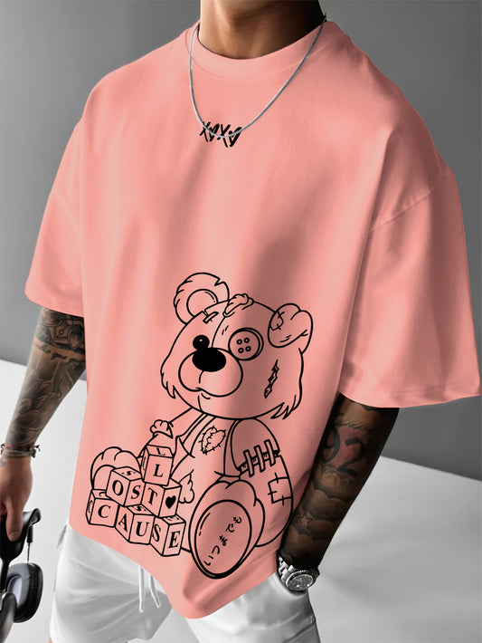 Men'S Casual Loose Short-Sleeve T-Shirt with a Bear Pattern Print.