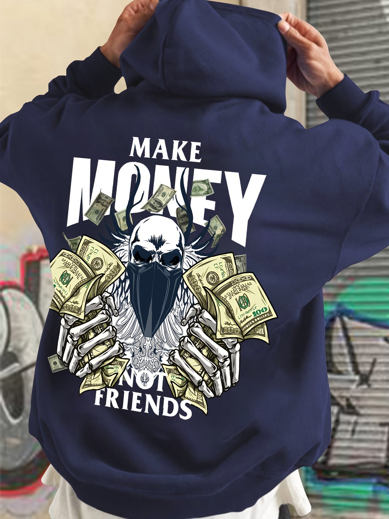 MAKE MONEY NOT FRIENDS Print Kangaroo Pocket Hoodie, Casual Long Sleeve Hoodies Pullover Sweatshirt, Men's Clothing, For Fall Winter