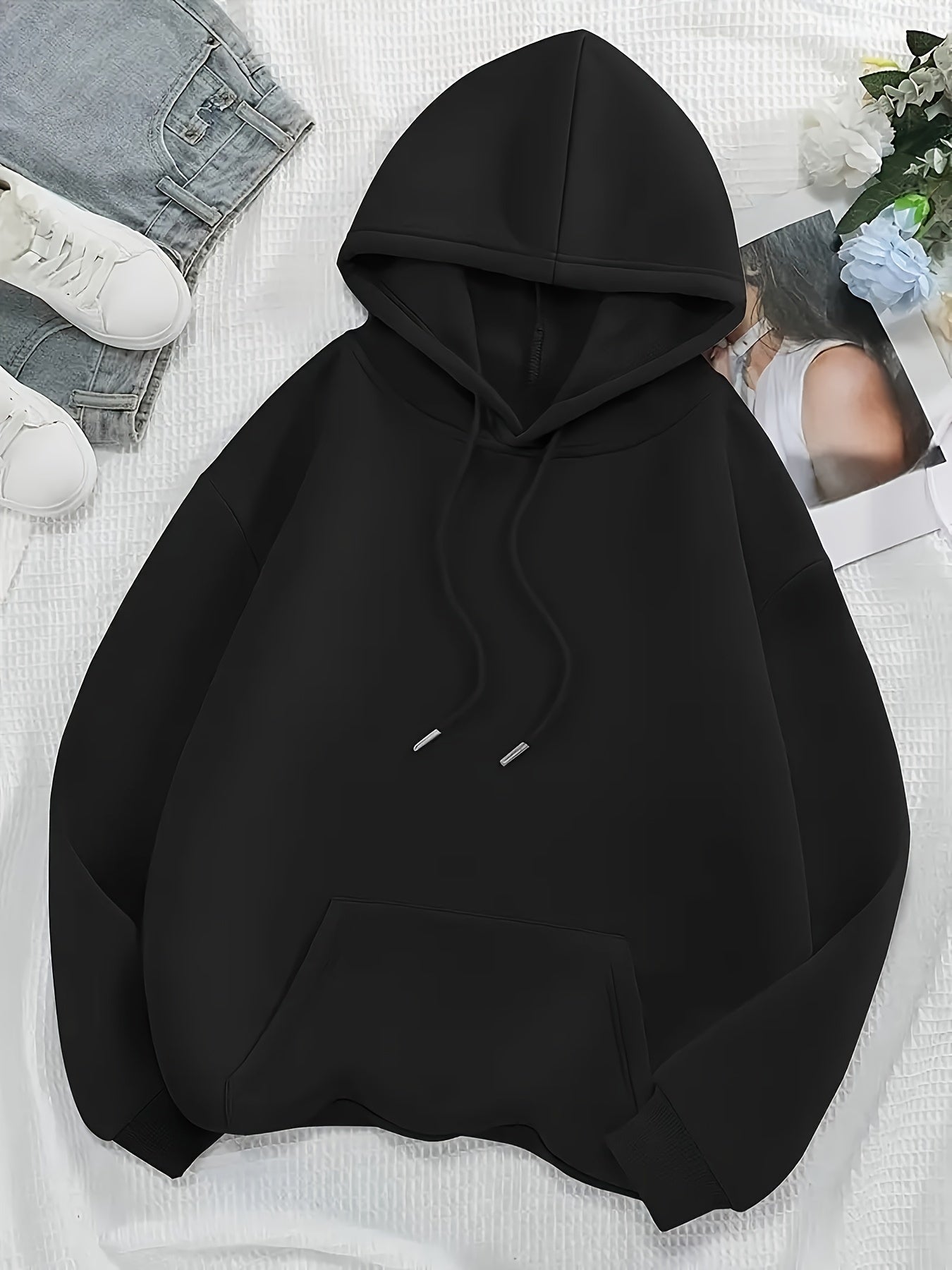 Plus Size Casual Skull Print Hoodie, Polyester Knit Fabric, Long Sleeve Pullover with Drawstring Hood, Front Pocket, Slight Stretch, for Fall/Winter