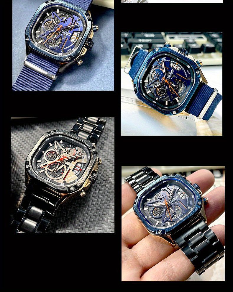 MEGIR Black Quartz Watch Men Square Dial Wristwatch with Chronograph Stainless Steel Strap Luminous Hands Auto Date