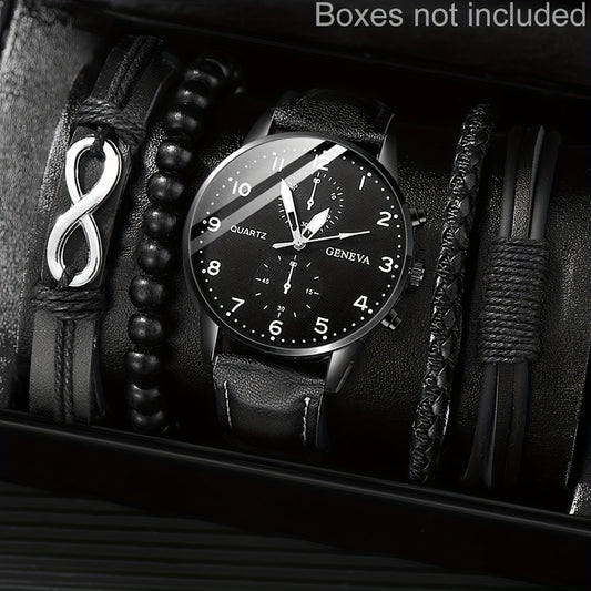 Middle East Ramadan Men Watch 1pc Men Black PU Leather Stainless Steel Case Casual Quartz Watch with 4pcs Bracelet Set Watch for Men Suitable for Men Party Holiday Birthday Wear Or As Brother The Best Gift for A Man No Box