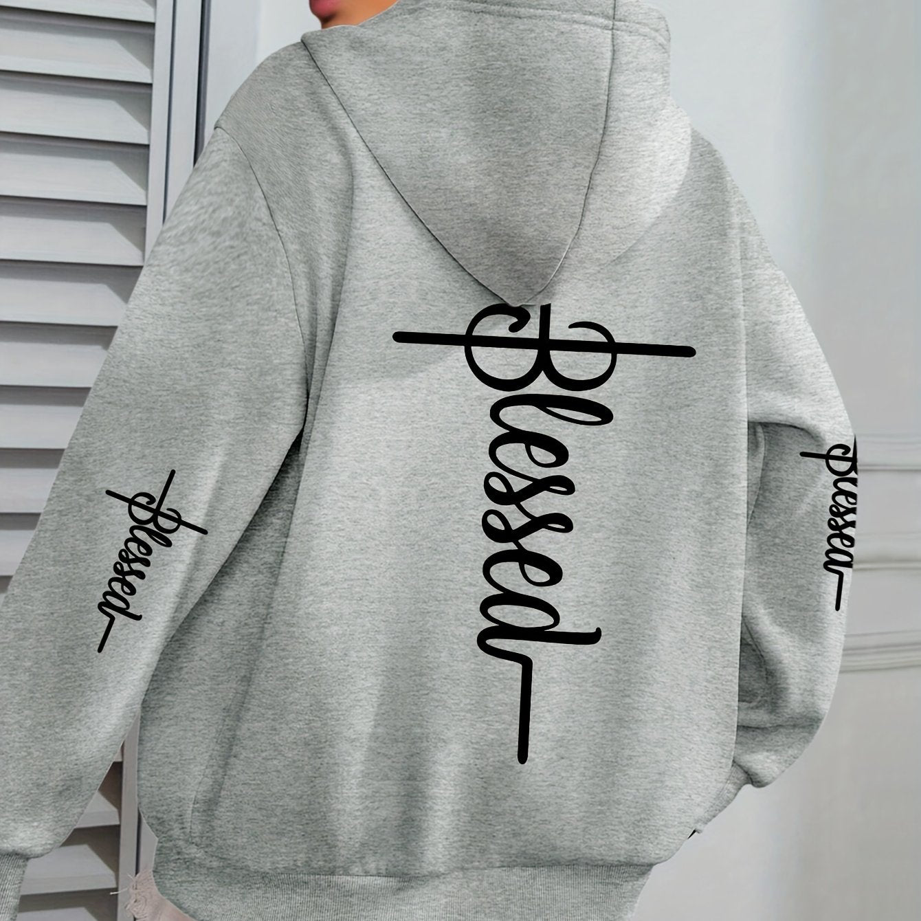 Women'S Plus Size "BLESSED" Print Hoodie - Casual Long Sleeve Pullover with Pocket, 100% Polyester Knit Fabric, Slight Stretch, Fall/Winter Hooded Sweatshirt, Faith Pattern Design