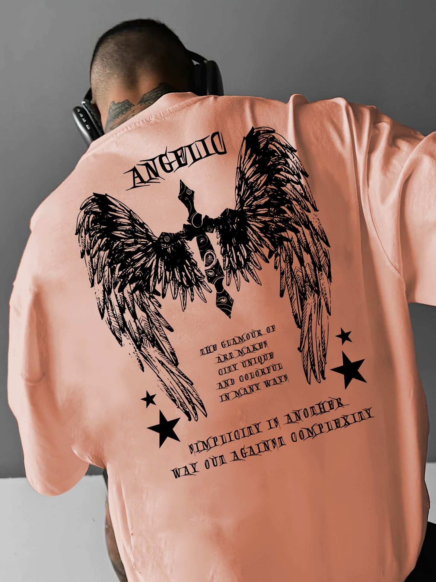 Big Wings Print Men's Casual Athletic T-Shirt, Crew Neck, Knit Fabric, Regular Fit, Breathable Summer Tee