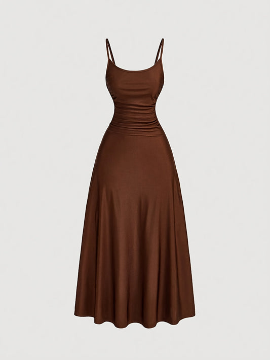 Elegant Ruched Waist A-Line Midi Dress, Solid Color, Polyester Knit Fabric, Strapless Collar, for Women, Spring/Summer/Fall