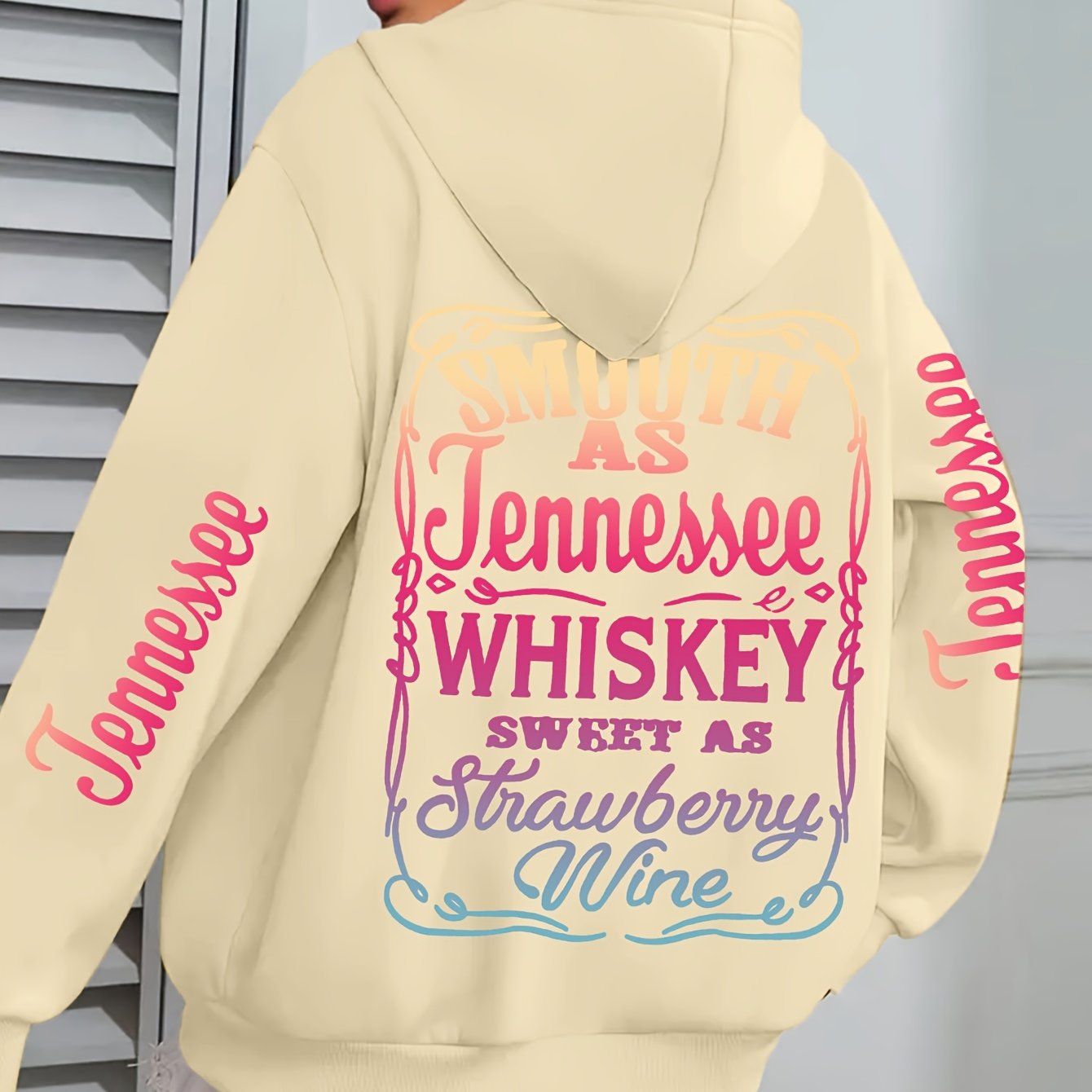 Plus Size Casual Hoodie with Tennessee Whiskey & Strawberry Wine Applique - 100% Polyester, Hooded, Medium Stretch Knit Fabric, Alphabet Pattern, Cozy Fall/Winter Style