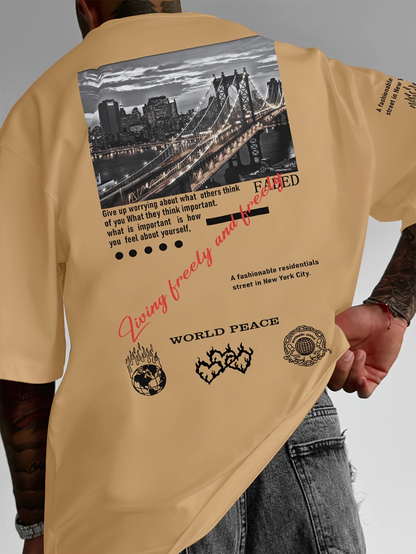 Men'S Fashion Graphic Print T-Shirt, Casual Loose Fit, Polyester Crew Neck Tee with Slight Stretch, with Inspirational Quotes and Peace Symbol, for Summer Knit Fabric Top