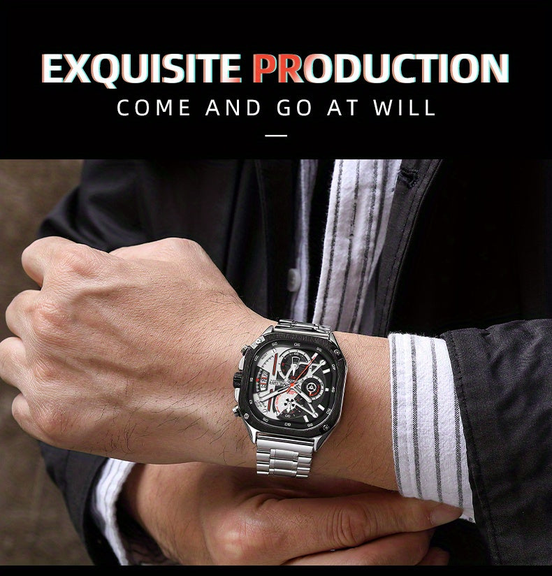 MEGIR Black Quartz Watch Men Square Dial Wristwatch with Chronograph Stainless Steel Strap Luminous Hands Auto Date
