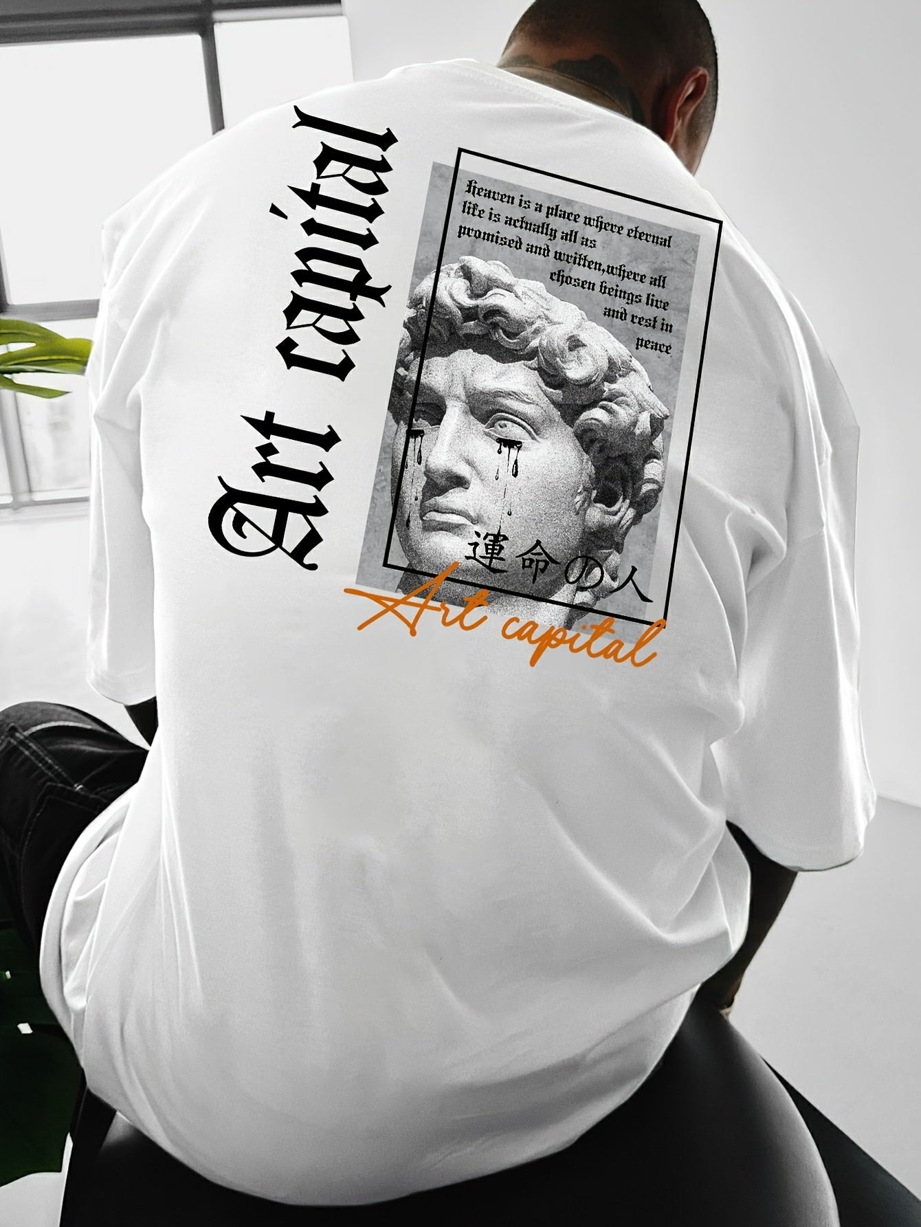 Men's Casual David Statue & Letter Print T-Shirt - Loose Fit, Round Neck, Short Sleeve, Polyester - Street Style Summer Tee