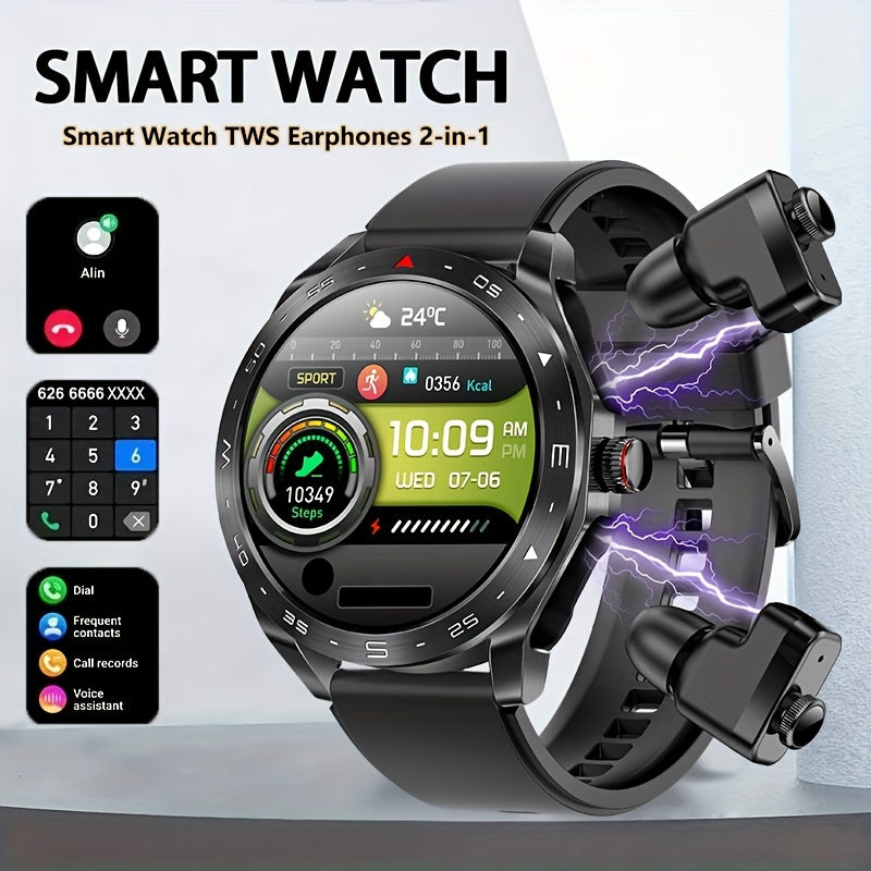 [Popular Choice] Smart Watch with Built-in TWS Headphones - AI Voice, HD Touch Screen, Fitness Tracker, Watch with Steel/Silicone Strap for Men
