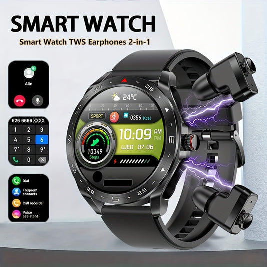 [Popular Choice] Smart Watch with Built-in TWS Headphones - AI Voice, HD Touch Screen, Fitness Tracker, Watch with Steel/Silicone Strap for Men