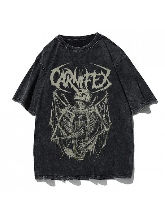 Vintage Gothic Oversized T-Shirt, Y2K Washed Cotton Crew Neck, Skull Letter Print, Casual Short Sleeve Pullover for Men & Women, All-Season Knit Fabric with Slight Stretch, 190gsm - Regular Fit