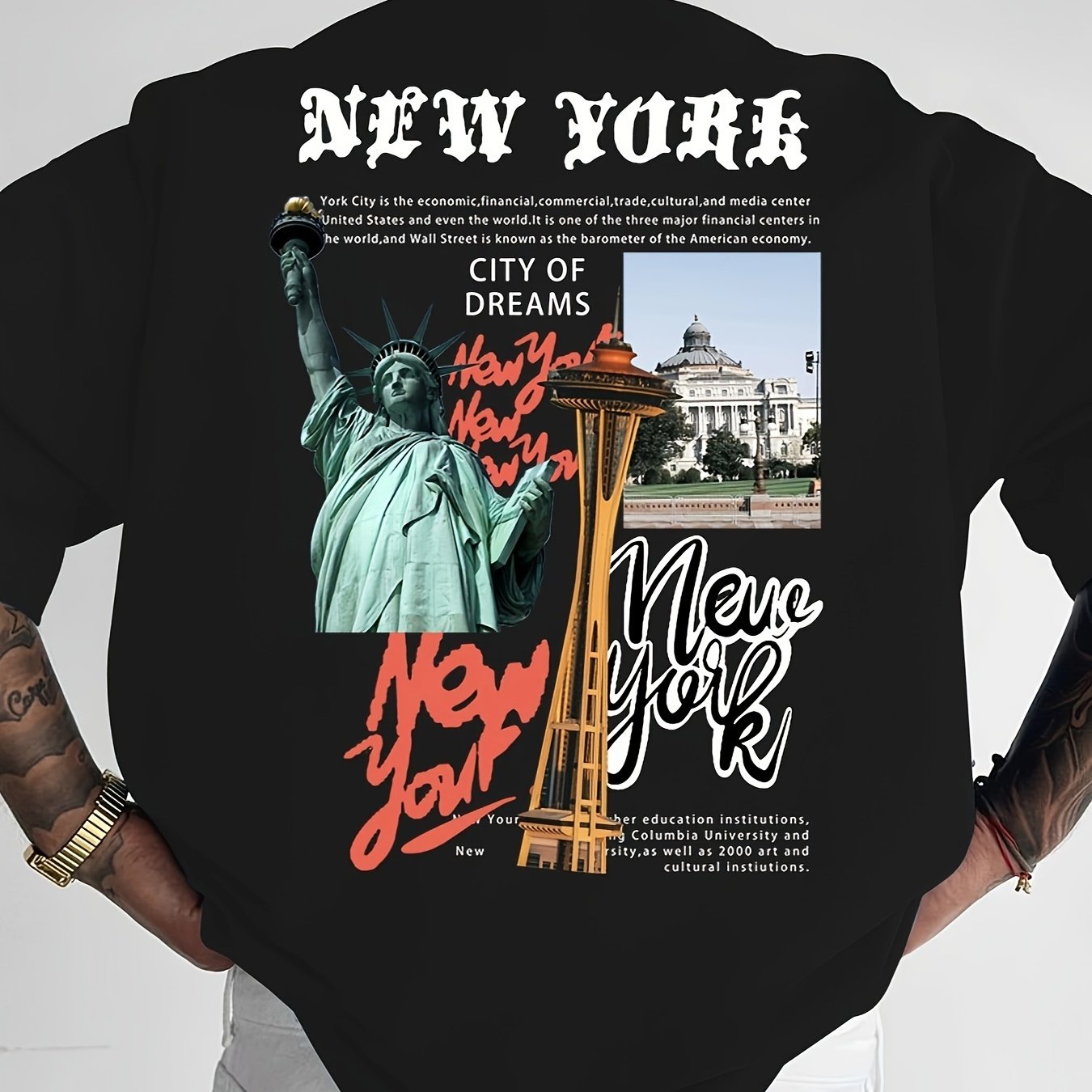 Men's Casual Statue of Liberty & Letter Print T-Shirt - Loose Fit, Breathable Polyester, Round Neck - Perfect for Summer