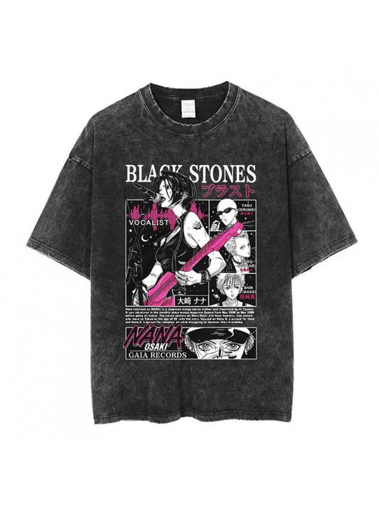 Vintage Washed T-Shirts Featuring Nana Osaki from Japanese Manga, Suitable for Both Men And Women, with a Harajuku Hip Hop Style, Short Sleeves, Made of 100% Cotton, And Designed in an Oversized Fit.