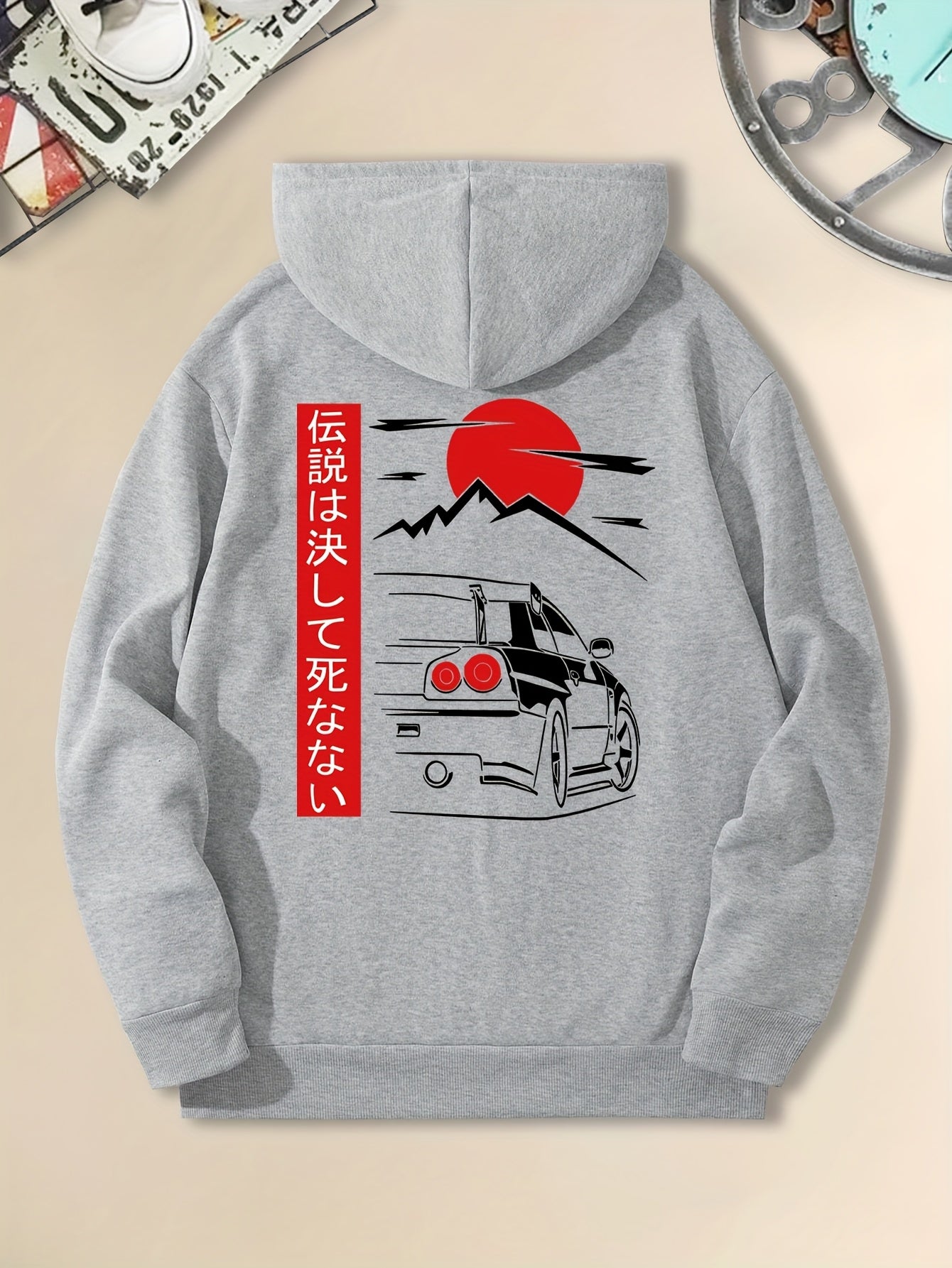 Men's Casual Black Hoodie with Sunset Sports Car Graphic - Cozy Long Sleeve Hooded Sweatshirt, Polyester, Machine Washable for Autumn & Winter, Sweater Hoodie