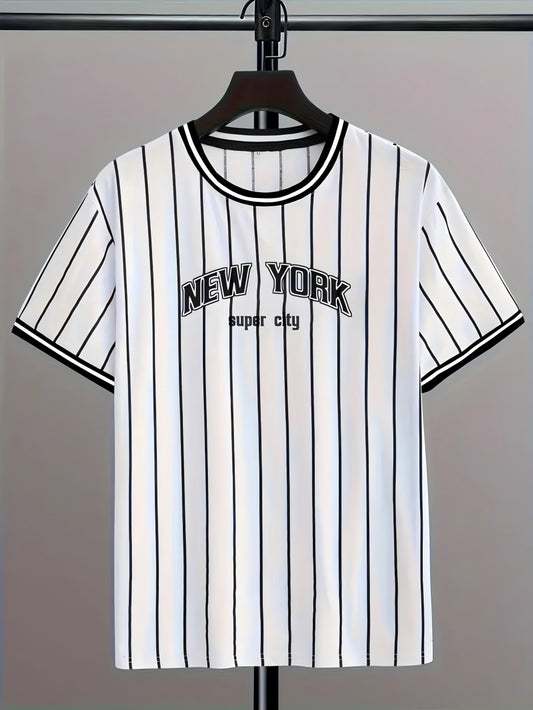 1pc Men'S Casual Crew Neck T-Shirt with "New York Super City" Print, Short Sleeve, Knit Polyester Fabric with Slight Stretch, Regular Fit