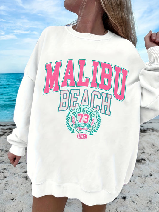 Malibu Print Pullover Sweatshirt, Casual Long Sleeve Crew Neck Sweatshirt For Fall & Winter, Women's Clothing