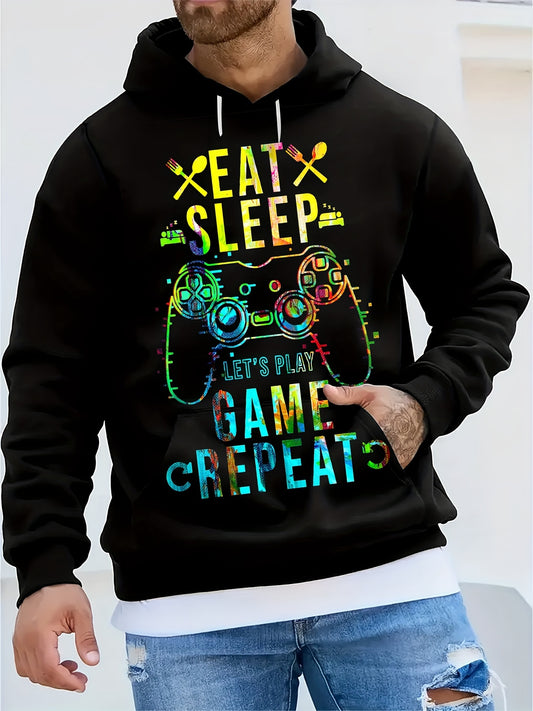 Men's 'EAT GAME...' Print Hooded Sweatshirt, Casual Trendy Long Sleeve Top As Gift