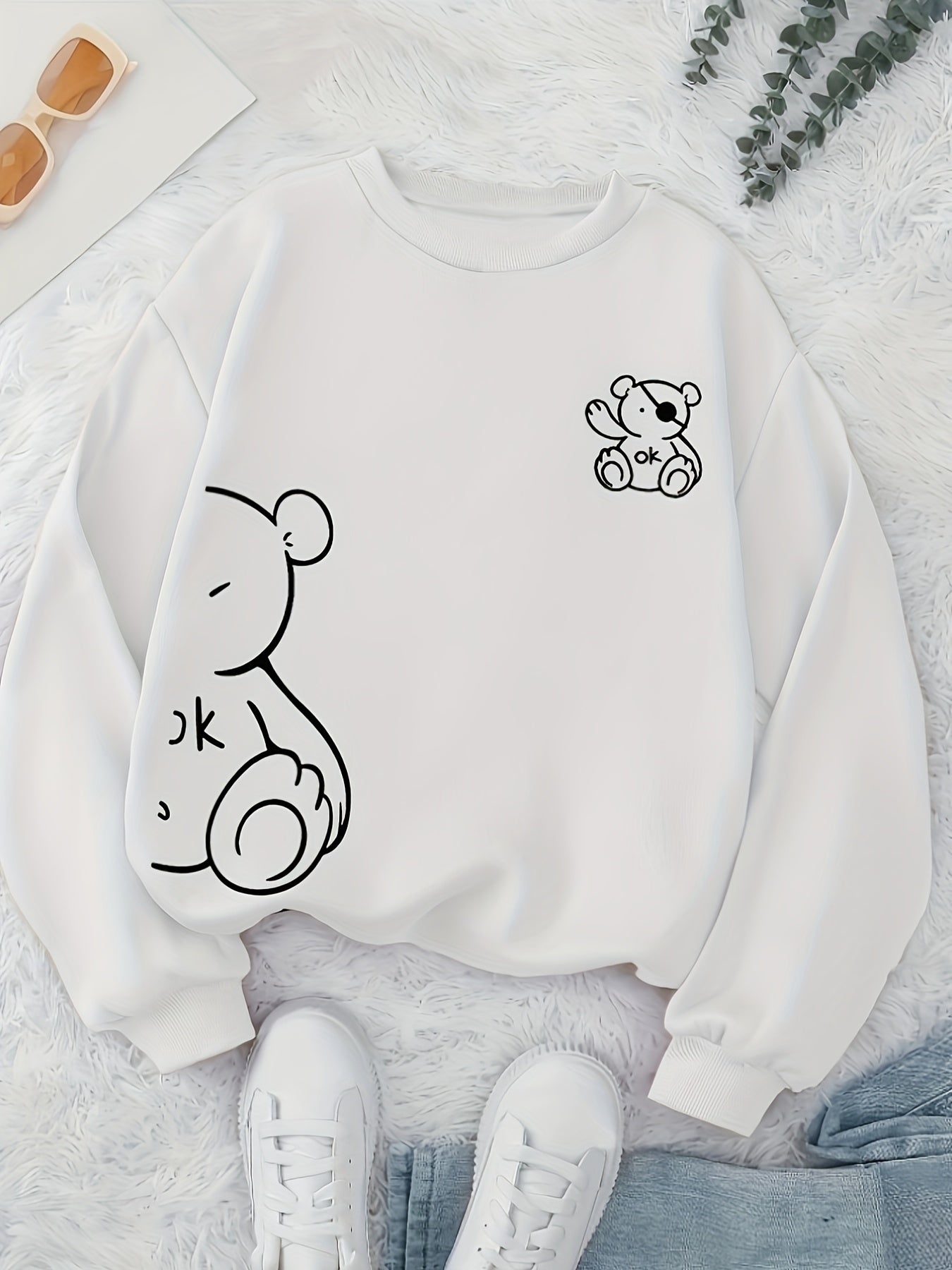 Cuddle-Ready, Women's Cute Pirate Bear Print Crew Neck Sweatshirt - Cozy Polyester, Machine Washable, Non-Sheer, Knit Fabric, Perfect for Fall & Winter - Casual Long Sleeve Pullover