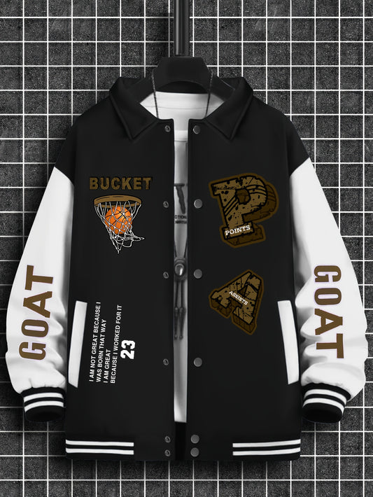 Men's Casual Sports Jacket with Embroidered Patch, Thickened Baseball Jersey, Polyester Knit Fabric, Regular Fit, Reversible Collar, and Pocket Details