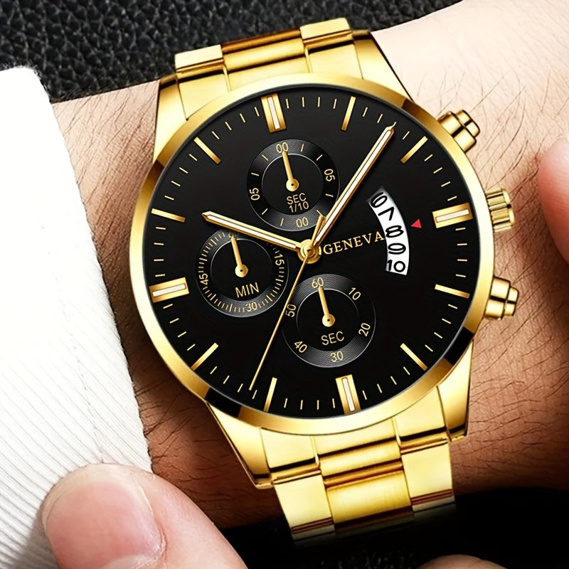 2PCS Fashion Mens Bracelet Watches Set Men Business Stainless Steel Quartz Watch Male Calendar Date Wristwatch