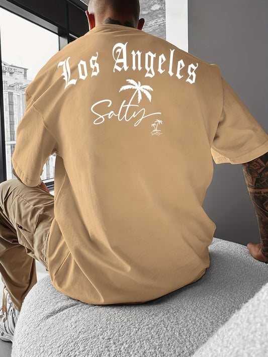 Los Angeles-Inspired Men's Casual Loose-Fit T-Shirt - Breathable Polyester, Crew Neck, Short Sleeve, Summer Graphic Tee with Coconut Tree Print