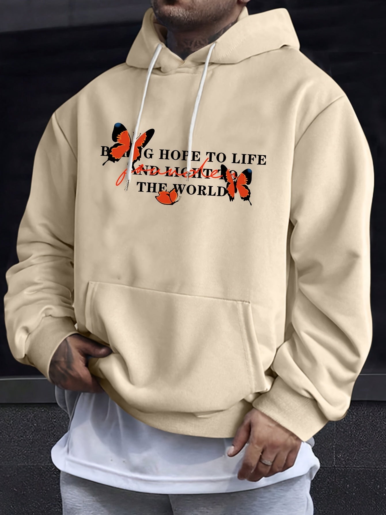 Men'S Beige French Terry Hoodie with Butterfly Print, Casual Pullover Sweatshirt with Pockets, Unstretched Knit Fabric, Loose Fit, for Sports & Leisure